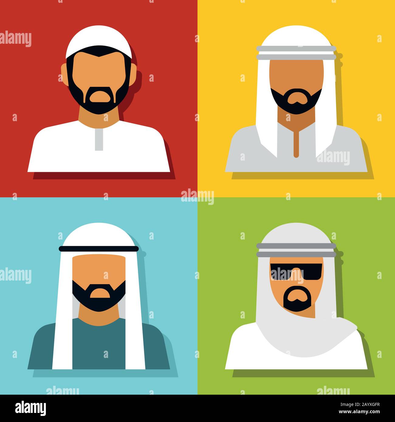 Avatar der Menschen im Nahen Osten isoliert auf Farbhintergrund. Vektorgrafiken Stock Vektor