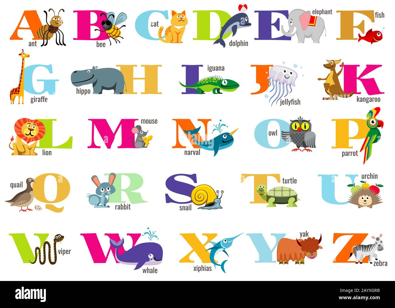 Englisches Alphabet für Kinder mit niedlichen Tieren. Poster für Vektor-Buchstaben für Vorwahlgeräte Stock Vektor