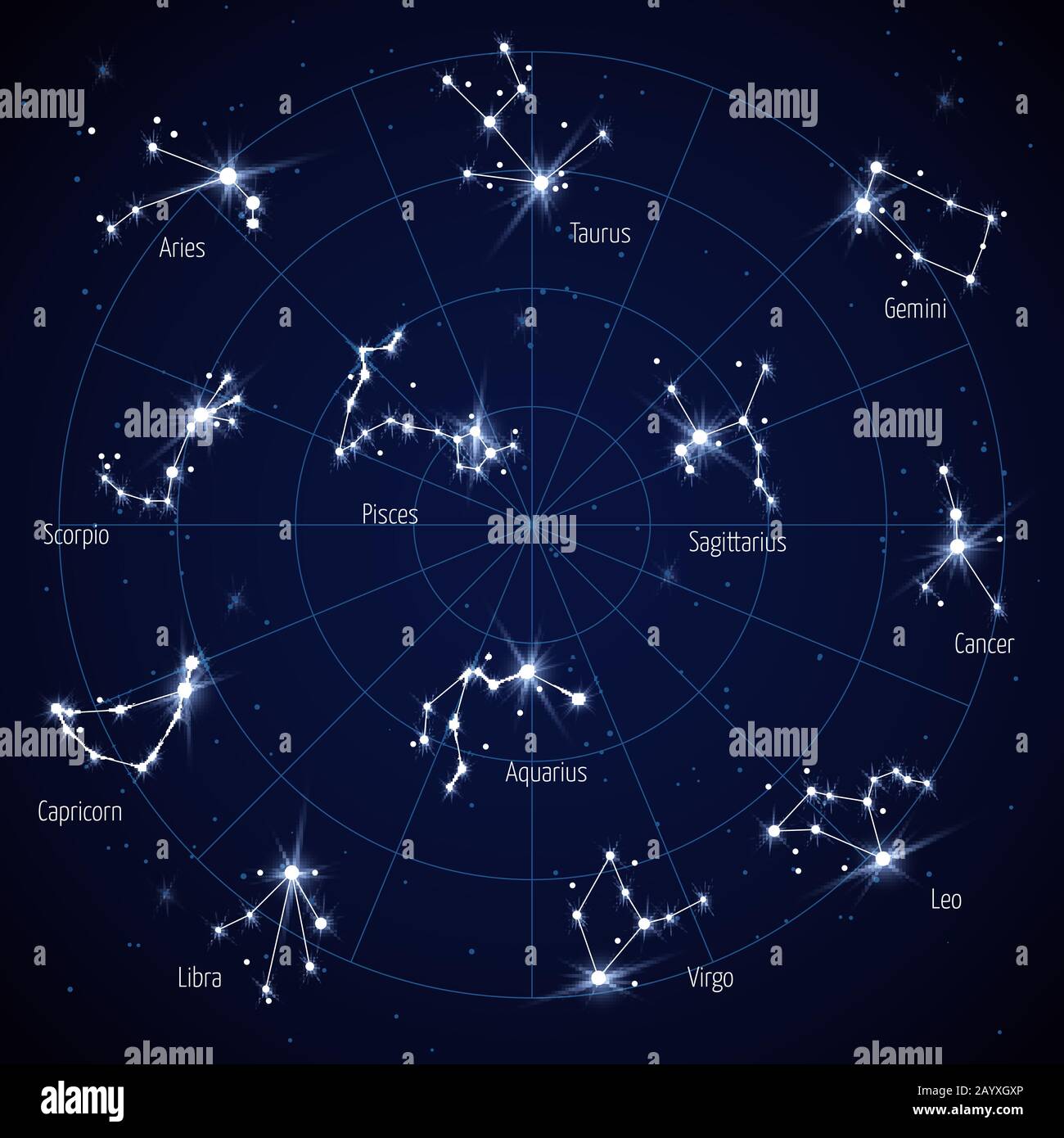 Vektorhimmel Sternkarte mit Sternbildern. Satz der Konstellation in der Raum-Nacht-Abbildung Stock Vektor