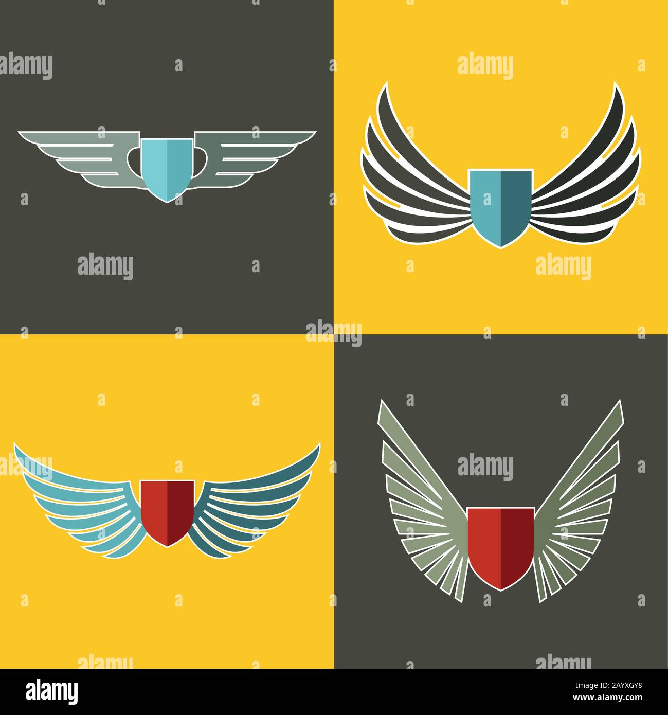 Wings Logo für Unternehmen auf gelbem und braunem Hintergrund. Satz Logotyp mit Schild. Vektorgrafiken Stock Vektor