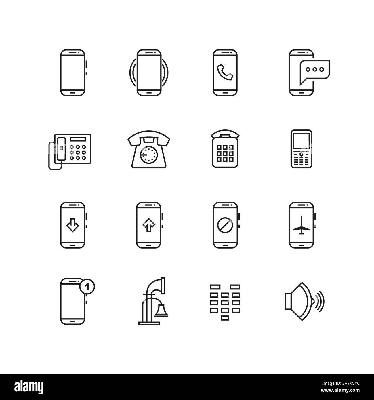 Telefon-, Telefon-, Smartphone-Geräte- und Kommunikations-Vektor-Leitungssymbole. Telefon-Smartphone- und Mobiltelefonkommunikation, Abbildung der Gerätetechnologie Stock Vektor