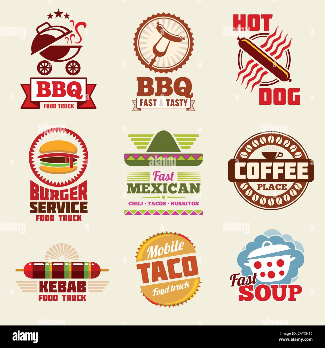 Fast Food-Vektorlogo, Embleme, Etiketten und Abzeichen. Restaurant fast Food Emblem und Emblem, Logo fast Food Vintage Illustration Stock Vektor