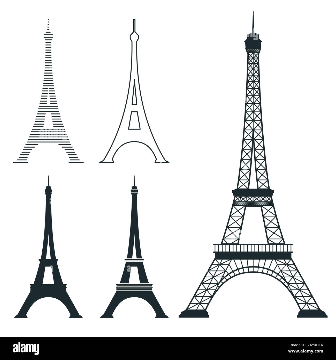 Verschiedene eiffelturm-vektor-Orientierungspunkte gesetzt. Französisches Architekturdenkmal, berühmte romantische Platzillustration Stock Vektor