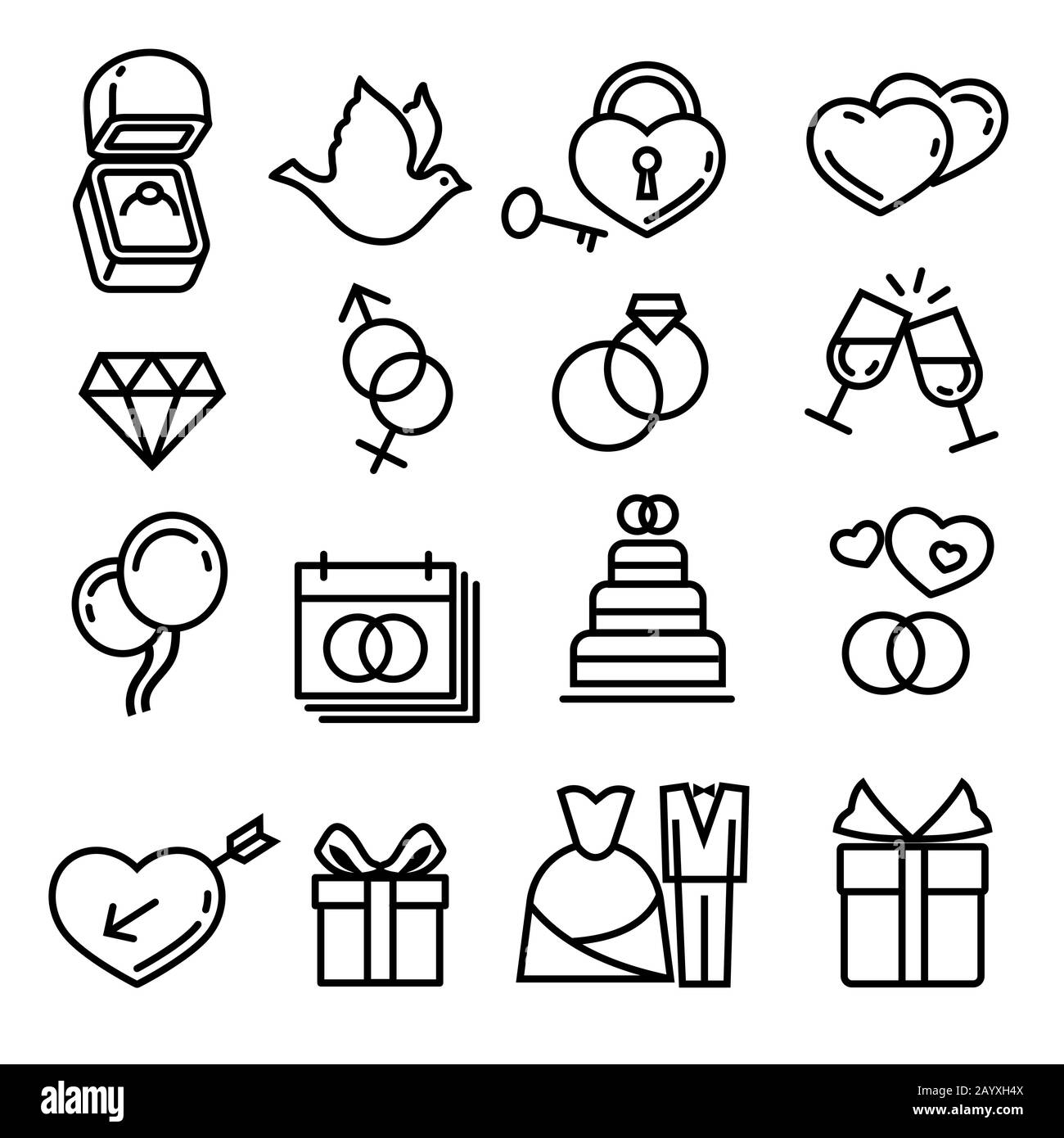 Moderne Vektorsymbole für die Hochzeit mit dünnen Linien. Elemente für Hochzeit, Illustration Geschenkkuchen und Ring für Hochzeitsfeier Stock Vektor
