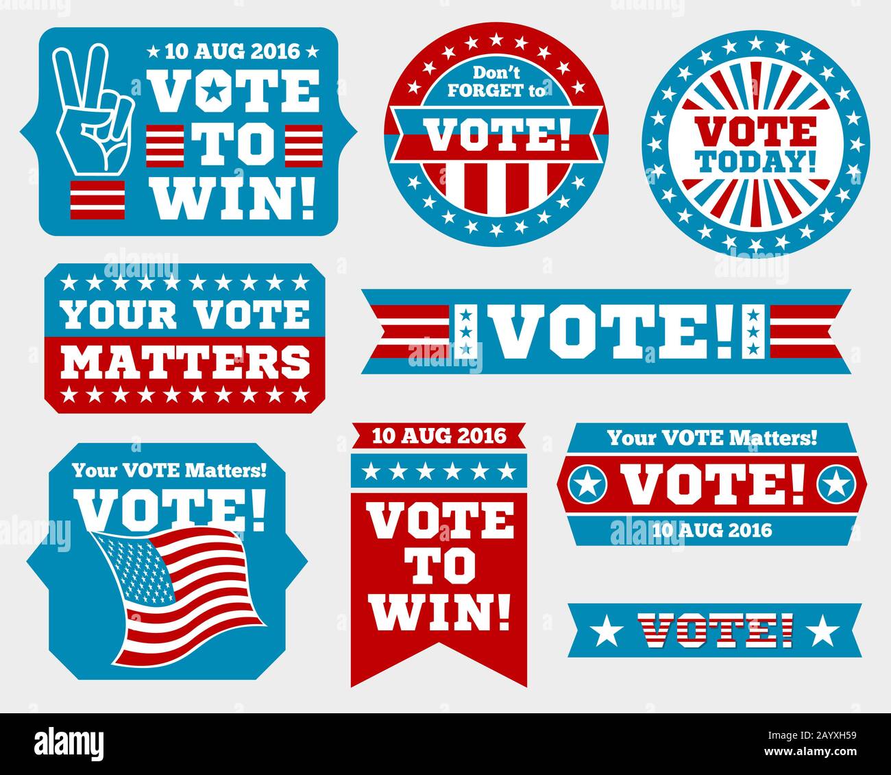 American Presidential Election 2016 Abzeichen und Wahlabzeichen. Abzeichen und Zeichen für Präsidentschaftswahl. Symbole für die Wahl des us-präsidenten. Vektorgrafiken Stock Vektor
