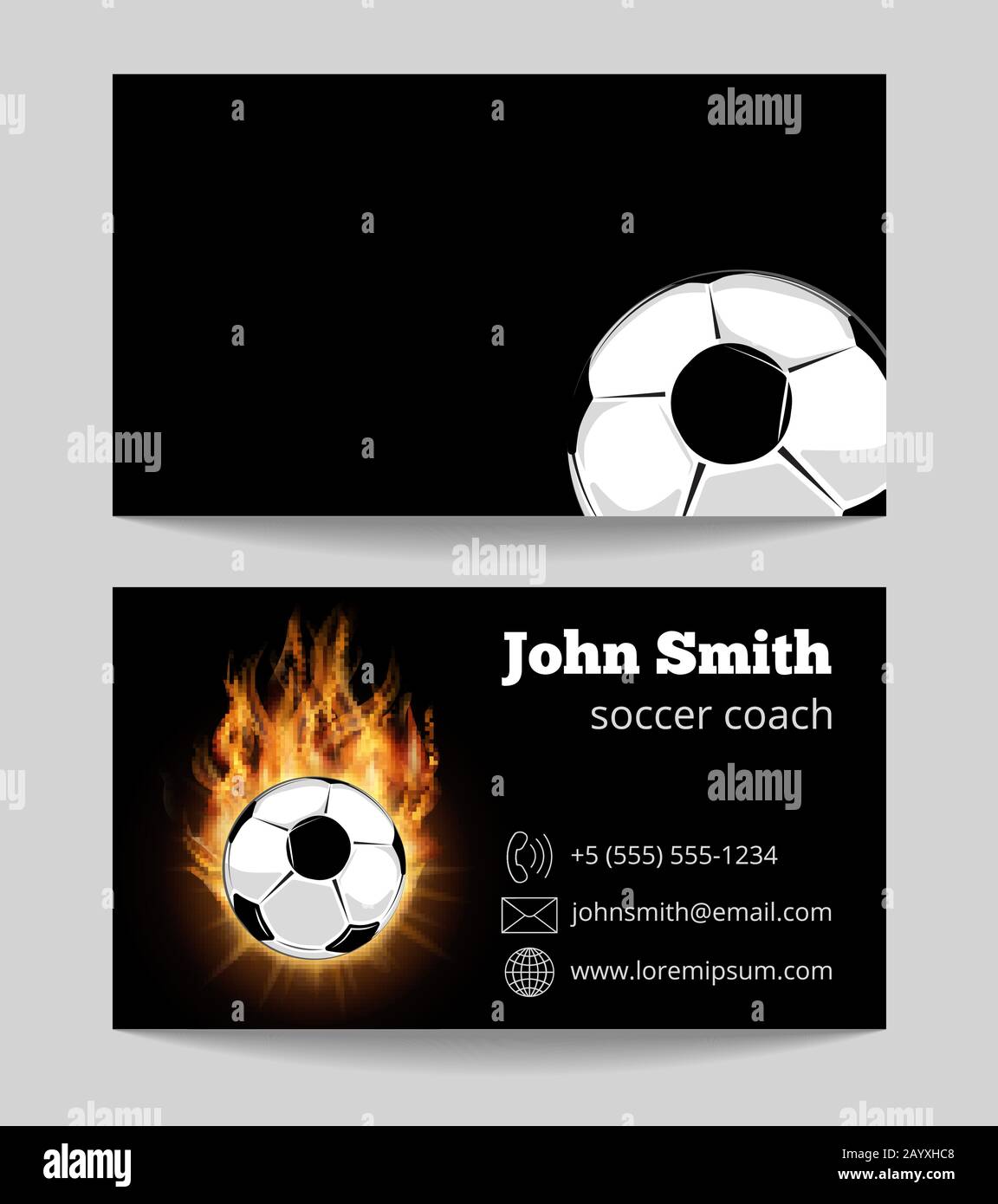 Schwarze Visitenkartenvorlage für Fußball. Fußball im Feuer. Vektorgrafiken Stock Vektor