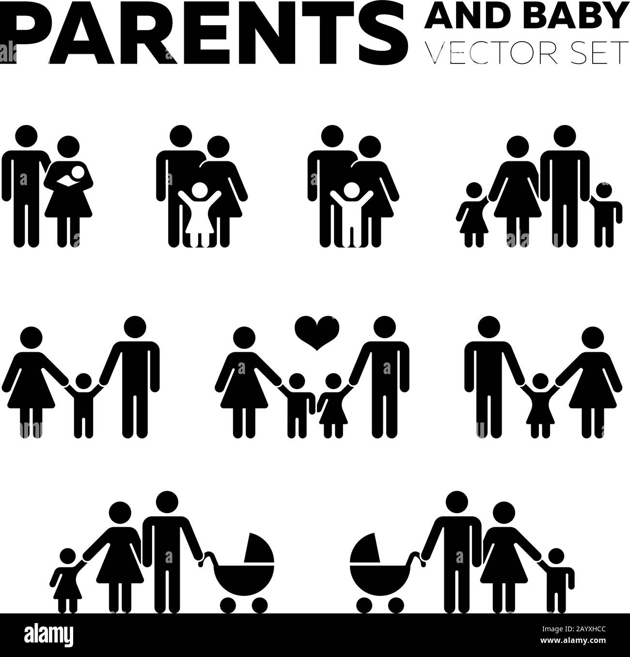 Eltern- und Babyvektor-Symbole. Junge Familie zusammen, Frau mit Kinderwagen, Abbildung glückliche Familien Stock Vektor