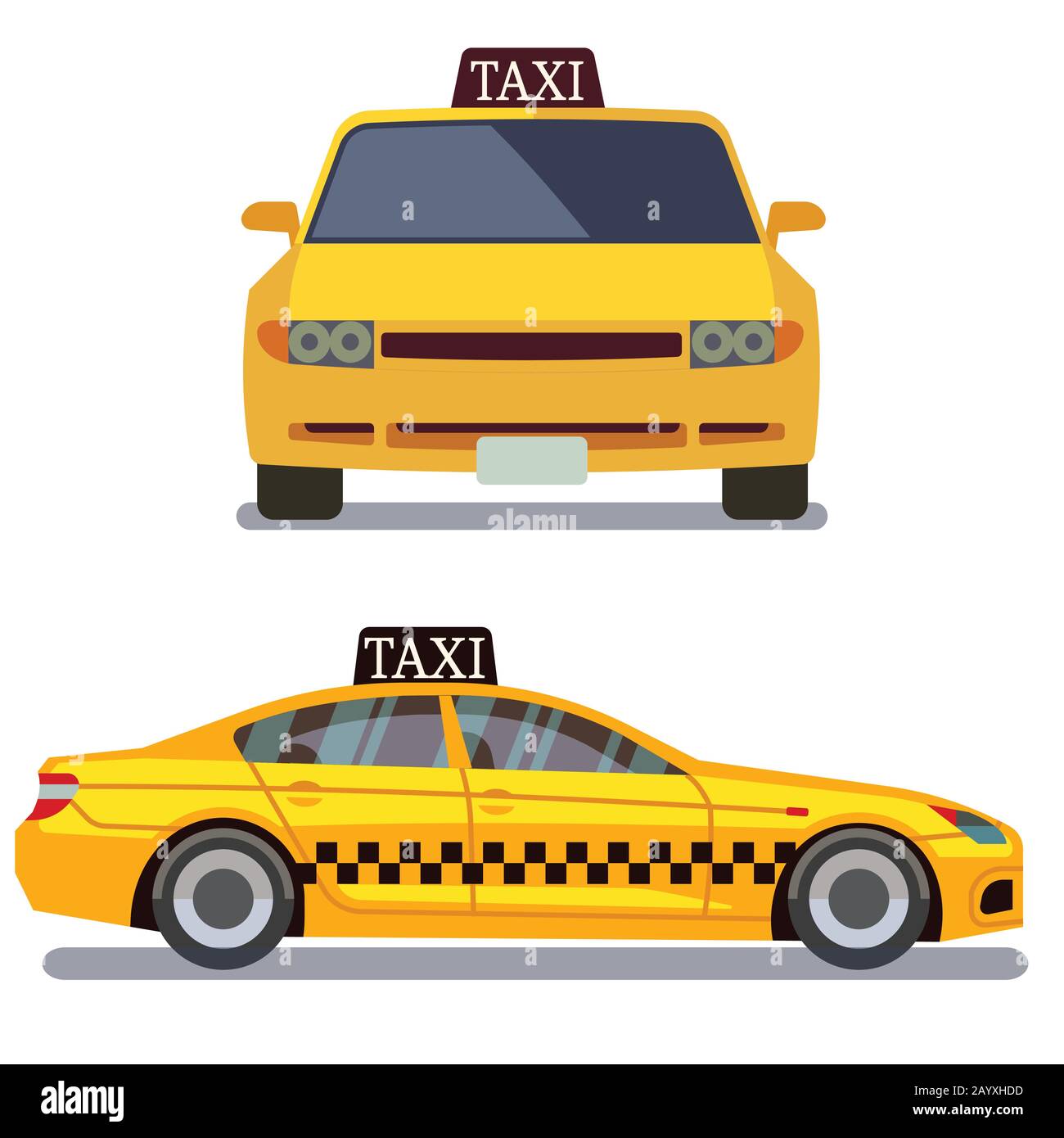 Taxi-Auto auf weißer Vektorgrafik. Taxi-Auto, Vorder- und Seitenansicht Stock Vektor