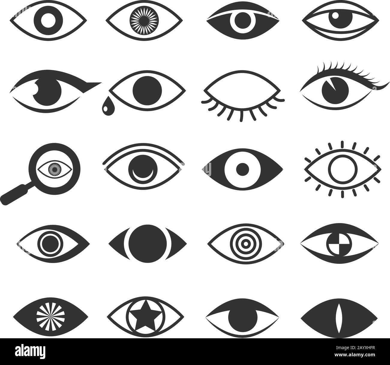 Vektorsymbole für die Augenblicks werden festgelegt. Abbildung der optischen Logo-Kollektion mit Augapfel und Augenlicht Stock Vektor