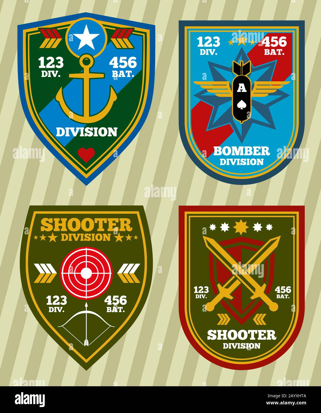 Spezialeinheit Militärarmee und Marine Patches, Embleme Vector Set. Abzeichen für militärische Division und Insignien-Militär für Armee-Vektor-Illustration Stock Vektor