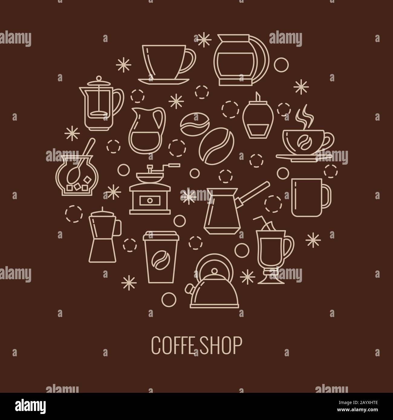 Couch-Symbole im Kreisdesign. Trendige dünne Linie Logo für Café. Aromatisch von Becher Cappuccino oder Latte, Vektorgrafiken Stock Vektor