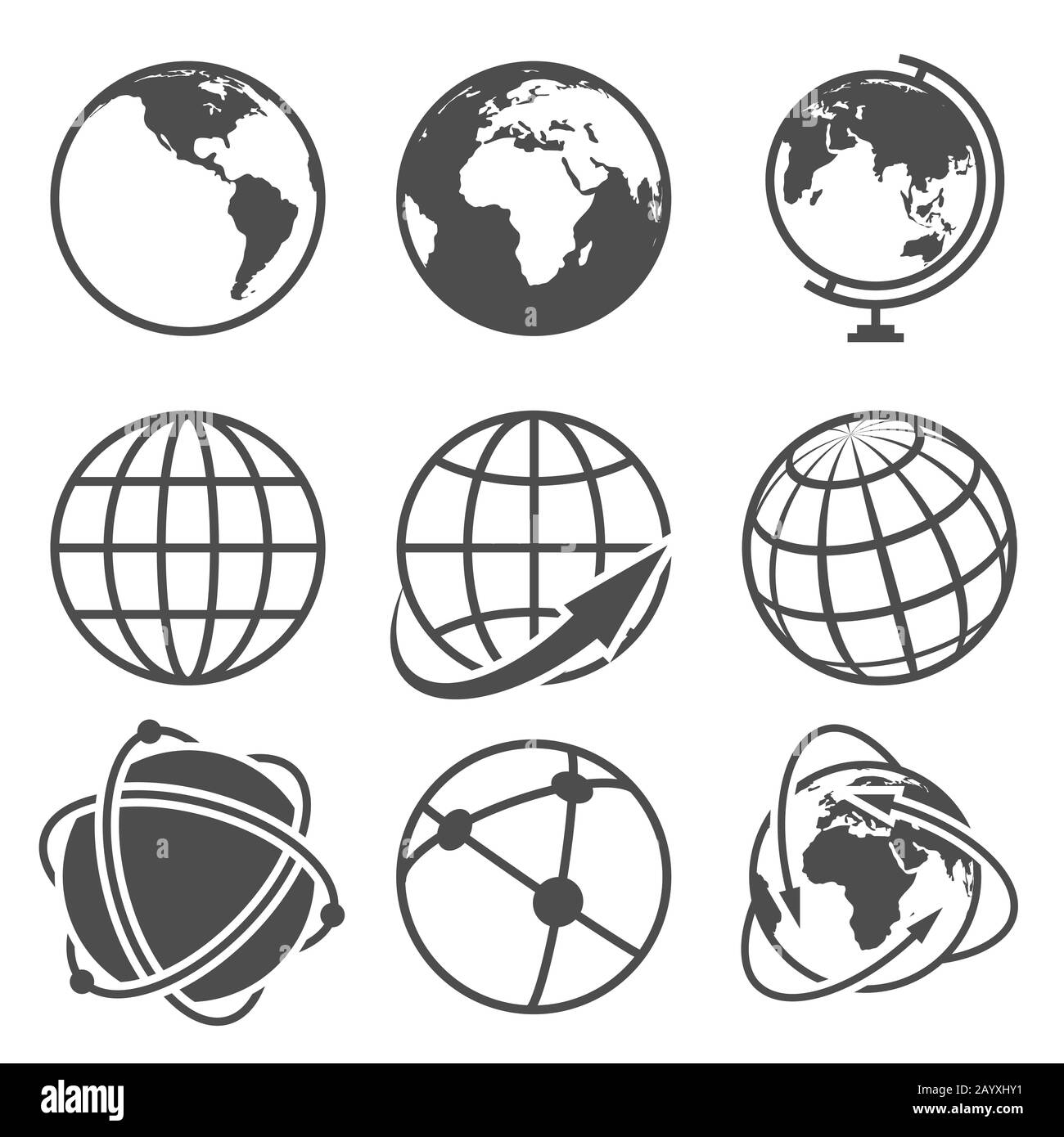 GLOBE-Erdvektor-Symbole festgelegt. Weltweit rund um den Globus und Internet auf der Weltkugel abgebildet Stock Vektor