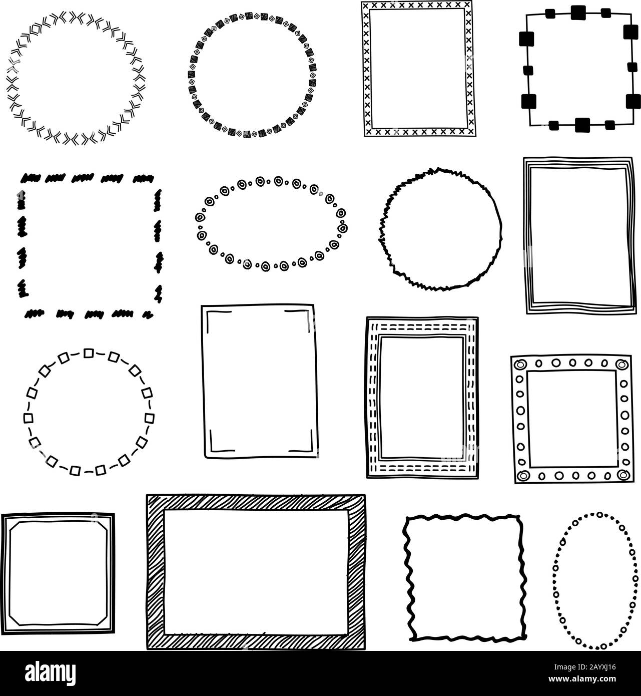 Handgezeichnete Doodle-Frames, Vektorsatz für Ränder. Rahmenskizze zur Dekoration, Zeichnungsrahmen in Form von Quadrat- und Kreisabbildung Stock Vektor