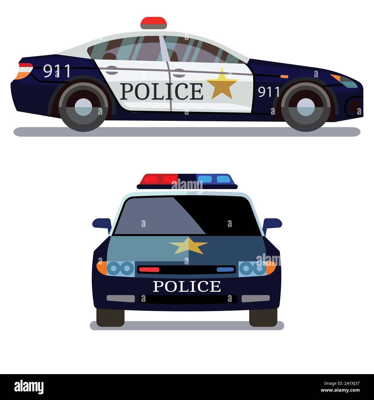 Polizeifahrzeug auf weißem Hintergrund. Vektor der Front- und Seitenansicht des Polizeiwagens Stock Vektor