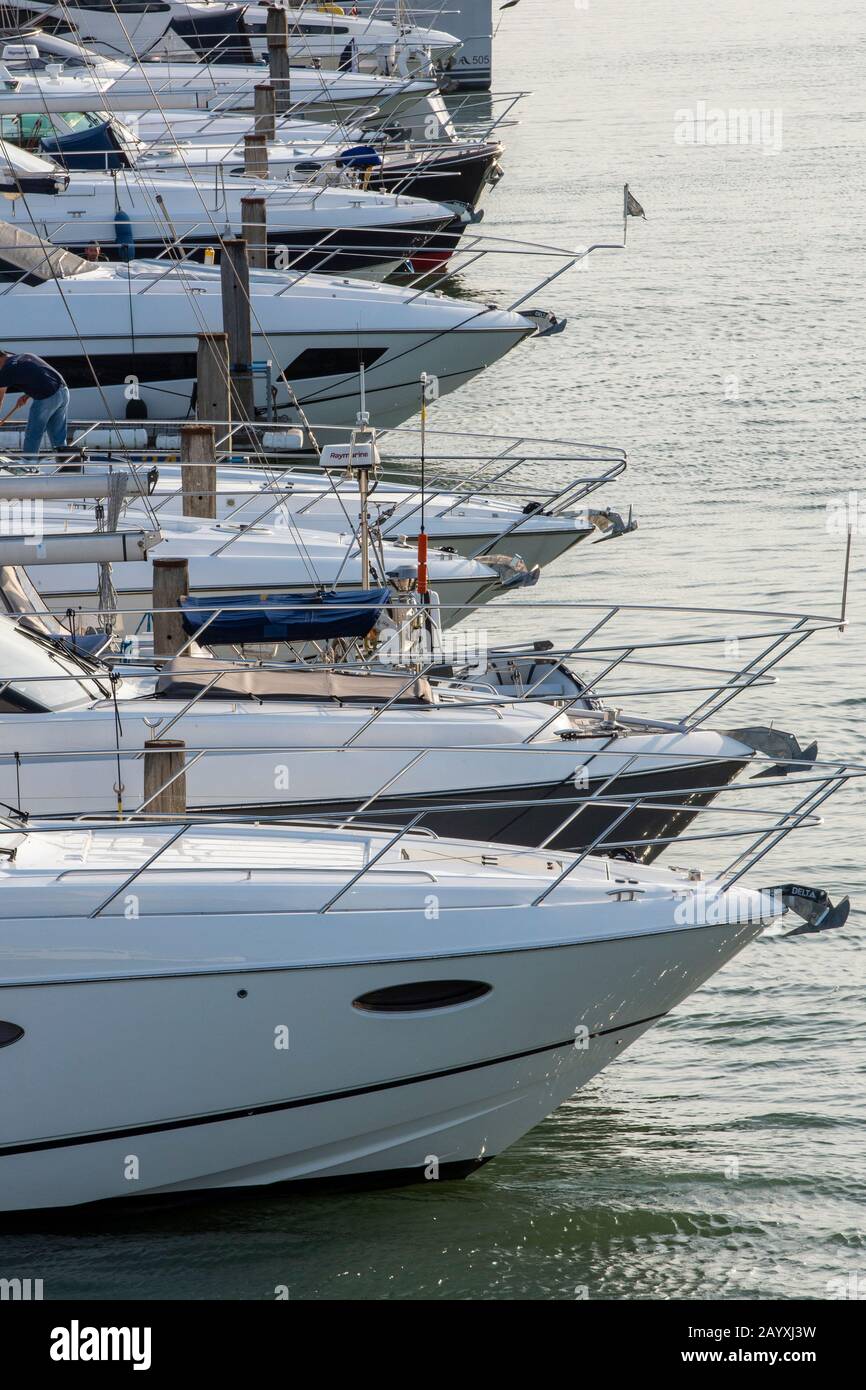 Die Bogen der teuren Freizeitfahrzeuge und Motorboote, die ein Muster in einer Linie bilden, die an den Anlegeplätzen des Yachthafens auf einem Ponton in einer Linie auf dem Wasser festgemacht wird. Stockfoto