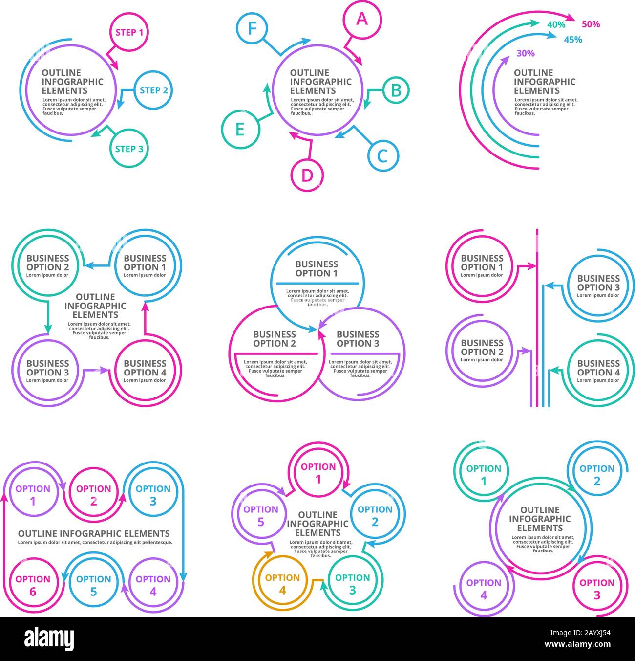 Infografiediagramme - Vektorsatz für dünne Linienelemente. Infografieelemente zu Geschäftsoptionen Stock Vektor