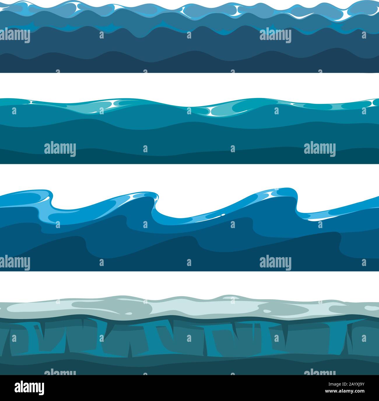 Cartoon-Ozean oder Meereswellen Vektormuster für Computerspiele. Wasserwellen horizontal nahtlose Hintergründe Stock Vektor