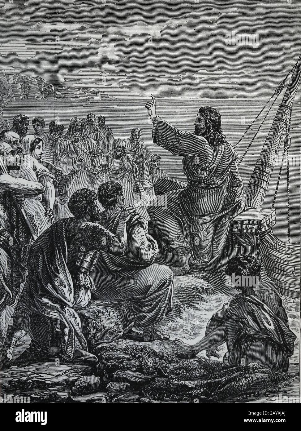 Mattheo-Gospel, 13. Jesus predigt an der Küste. Gravur, 19. Jahrhundert. Stockfoto
