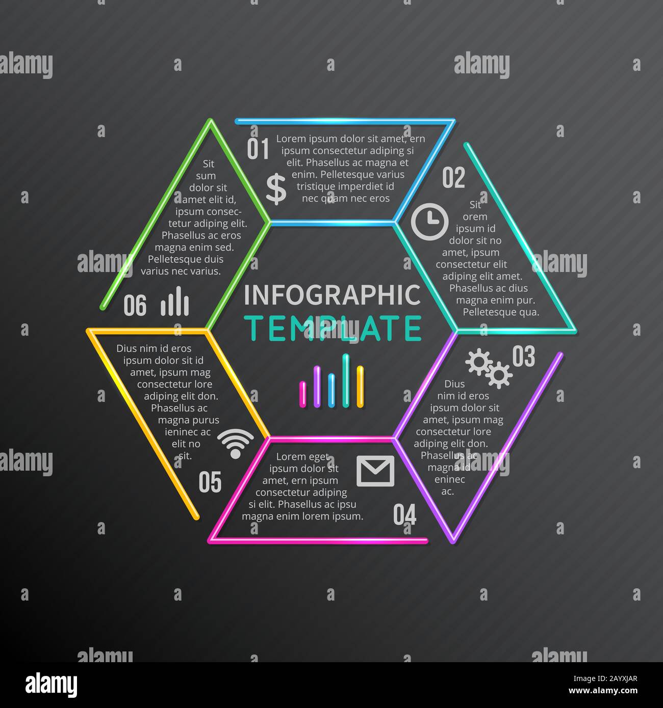 Symbole für Linieninfogramme Vektorvorlagen mit 6 Optionen Teile, Schritte, Prozesse. Infografiemodell für die Präsentation, Abbildung der Infografik zum Farbengeschäft Stock Vektor