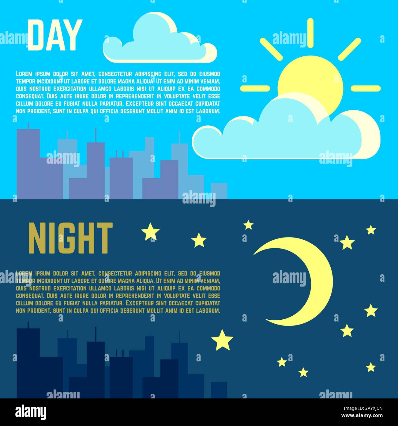 Tag- und Nachtvektor-Banner flache Sonnen-Mond-Symbole. Mond und Sonne illustrieren Nacht mit Mond und Tag mit Sonne Stock Vektor
