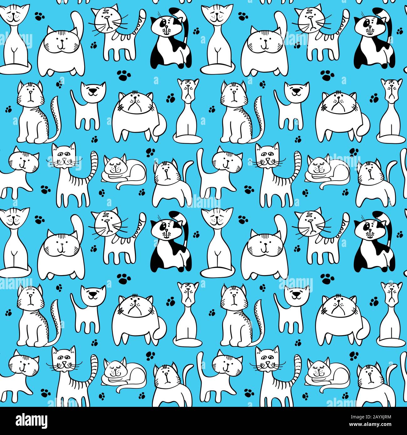 Vector Seamless Muster mit niedlichen Katzen. Tiercharakter-Katzenkauze und -Hintergrund mit katzenartigen Abbildungen und Fußabdruck Stock Vektor
