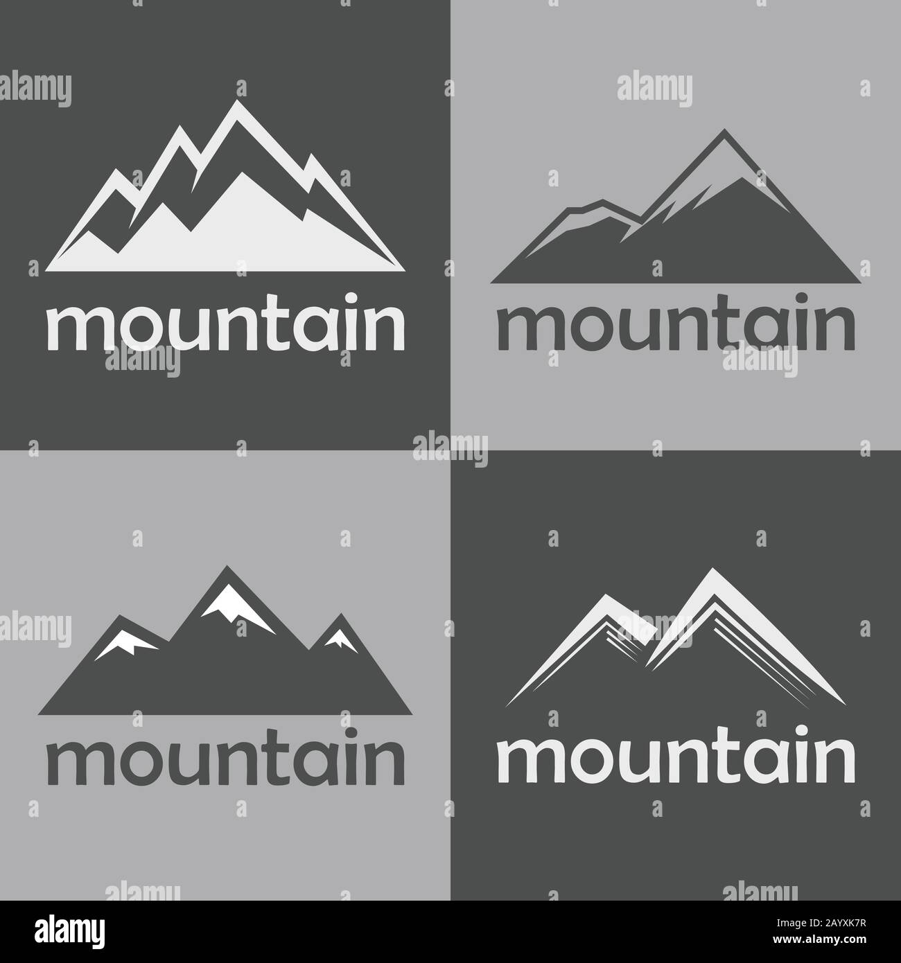 Flache Bergsymbole auf grauem Hintergrund. Silhouettenrock für das Sport-Logo. Vektorgrafiken Stock Vektor