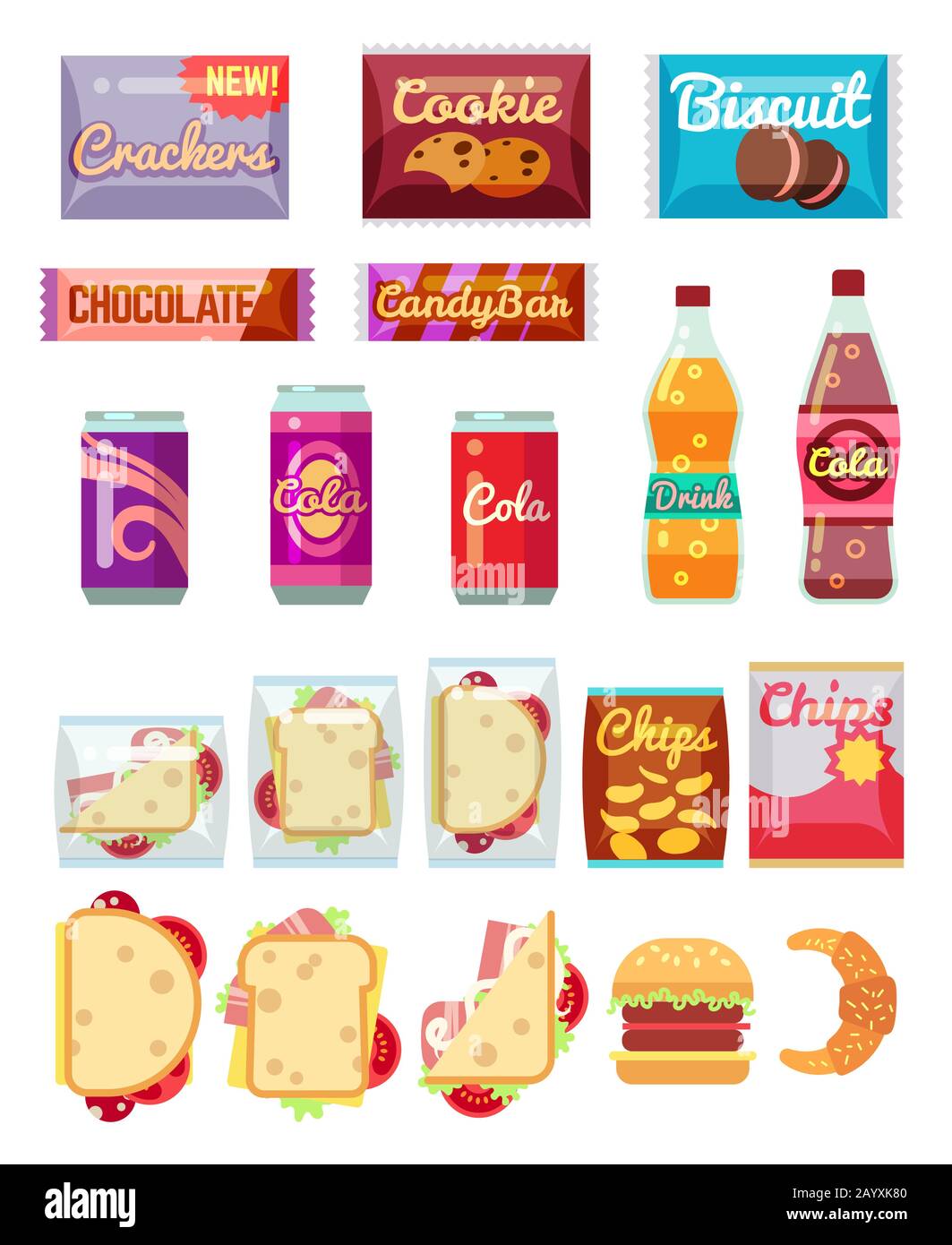 Verpackung von Produkten für Verkaufsautomaten. Fast Food, Snacks und Getränke Vektor-Ikonen in flachem Stil Stock Vektor