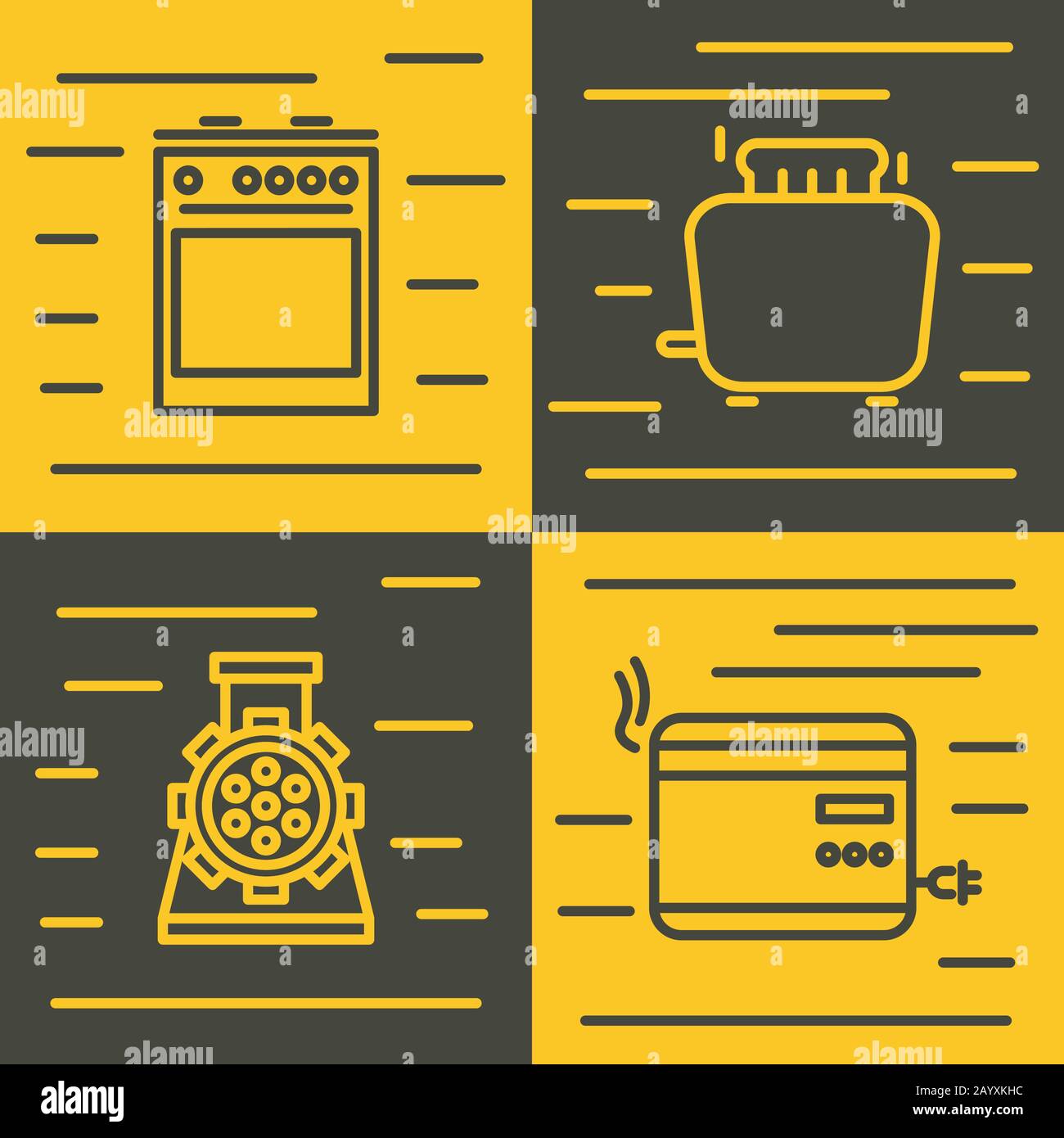 Haushaltsgeräte Symbole in Linienform auf gelbem und braunem Hintergrund. Vektorgrafiken Stock Vektor