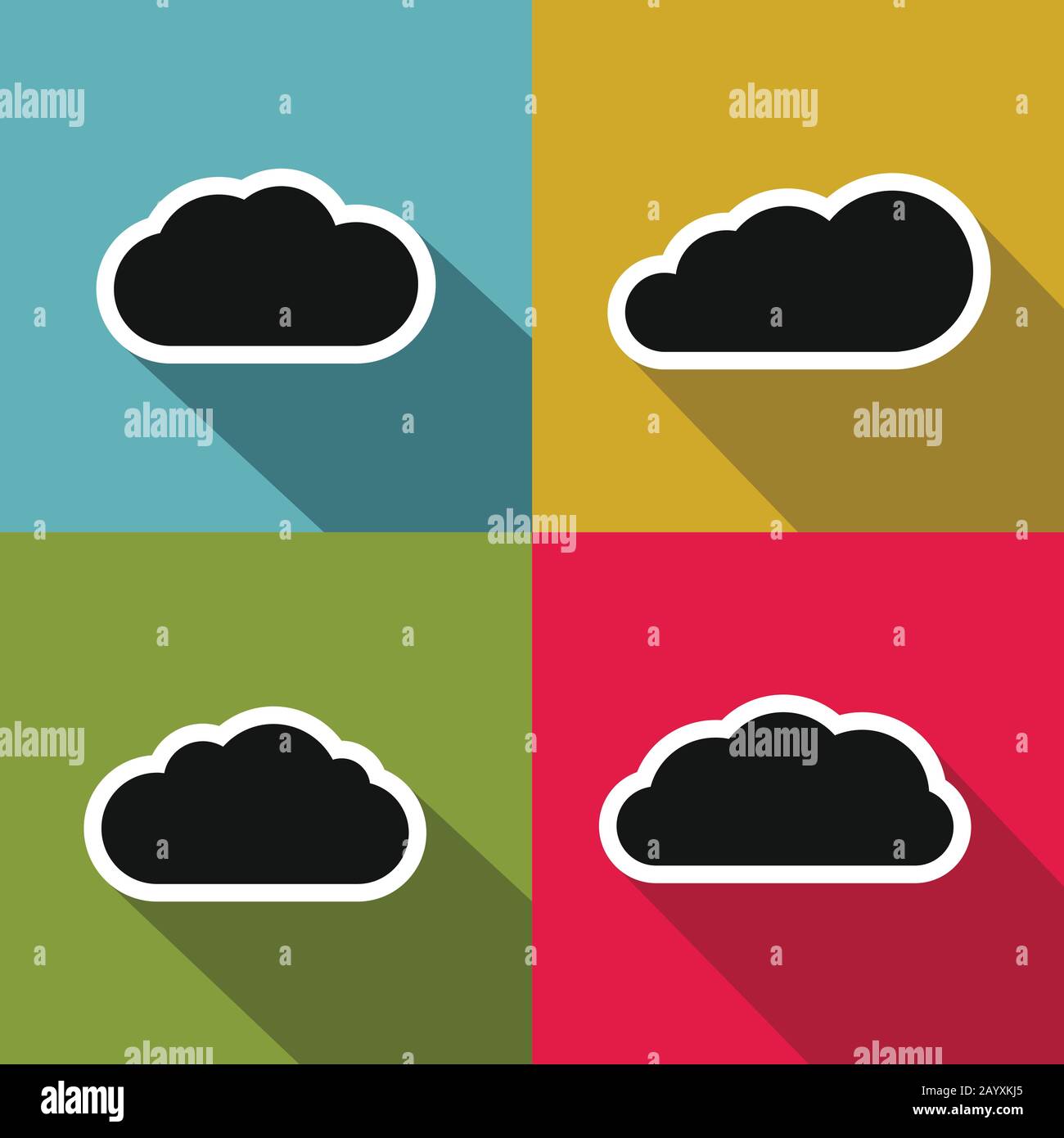 Wolkenflache Symbole mit langem Schatten auf Farbhintergrund. Schwarze Wolken gesetzt. Vektorgrafiken Stock Vektor