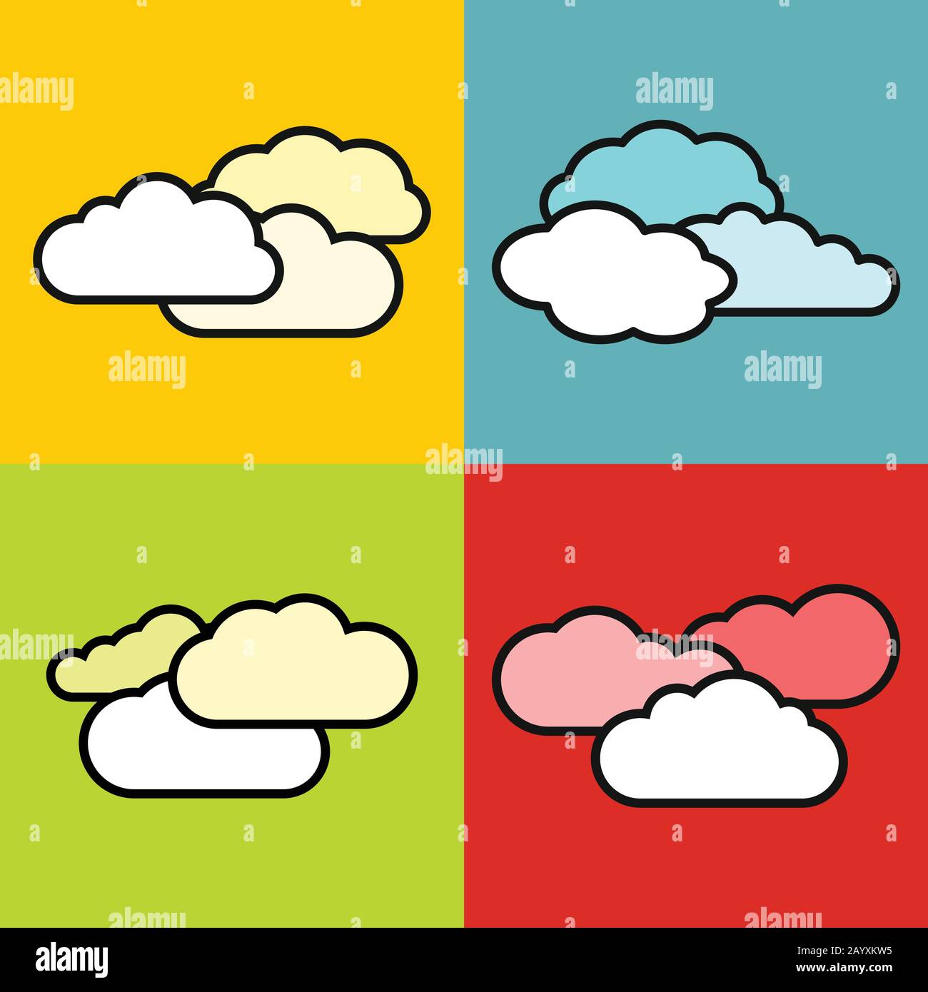 Flache Wolkensymbole auf Farbhintergrund. Cloudscape farbenfrohe Vektorgrafiken Stock Vektor