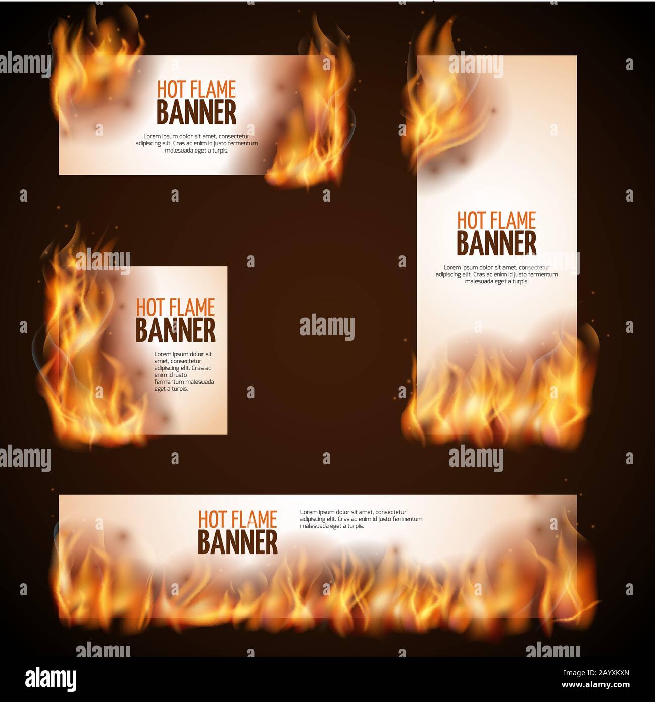 Brennendes Lagerfeuer mit heißen Flammenvektor-Bannern. Brand der Papierwerbung, brandheiße Werbe-Illustration Stock Vektor