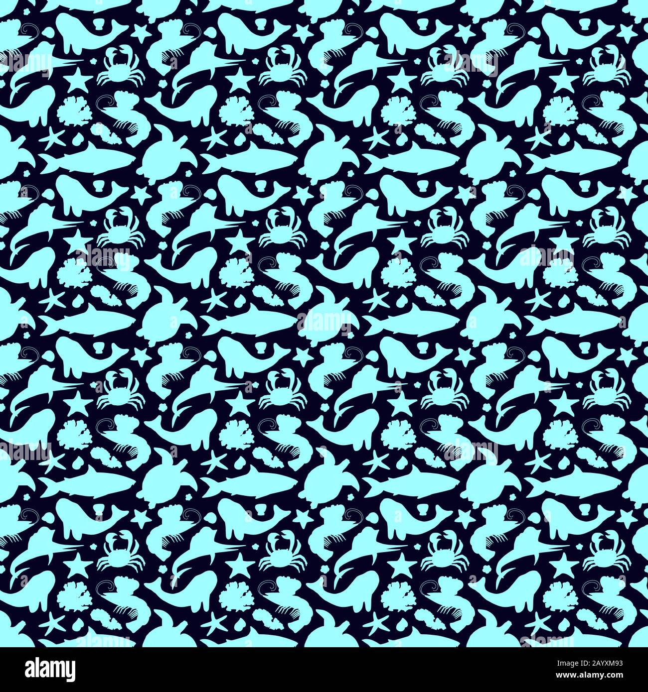 Nahtloses Muster mit Meerestieren und Seetang im Cartoon isoliert auf blauem Hintergrund.Einfache Silhouette.Vektor-Illustration. Stock Vektor