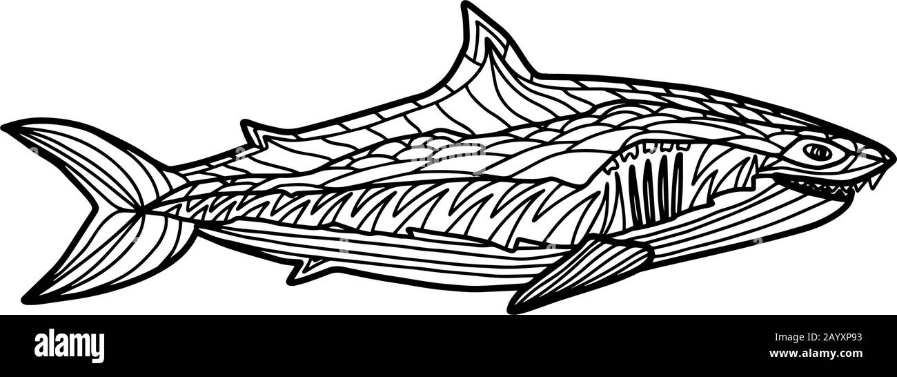 Hai im Doodle-Stil isoliert auf weißem Hintergrund. Abbildung der Vektorkonturen. Ozean gefährliches Tier. Malbuch für Erwachsene und Kinder. Stock Vektor