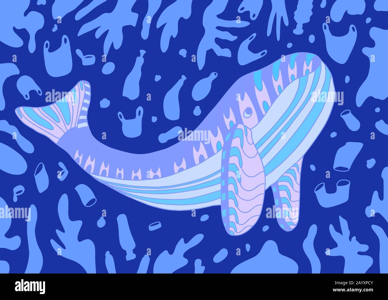 Ein Wal schwimmt in Kunststoff. Vector Flat Stock Illustration.Garbage in the Ocean.Save Planet and Animals. Banner für das Konzept der Kunststoffverschmutzung. Stock Vektor