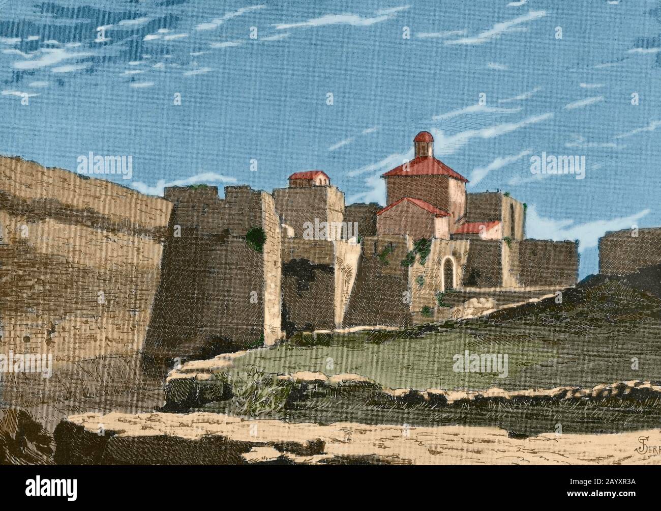 Spanien, Balearen, Mallorca. Palma von Mallorca. Mittelalterlichen Stadtmauern. Gravur von Serra. Museo Militar, 1883. Später verfärben. Stockfoto