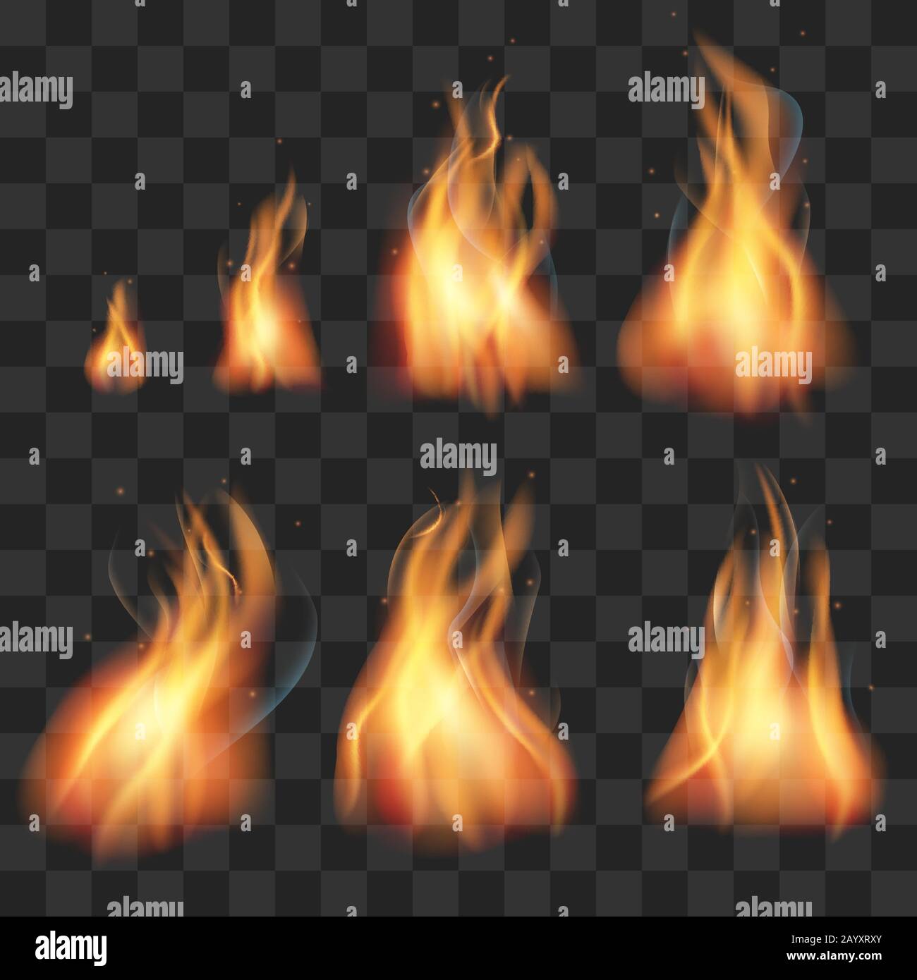 Realistische Feueranimation Sprites Flammen Vektor gesetzt. Realistische Darstellung von Feuerbrand und Explosionsgefahr bei Inferno Stock Vektor