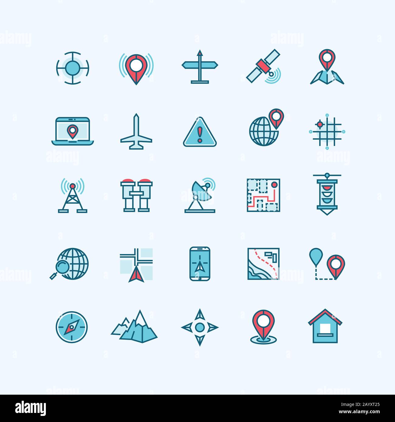 Karten und flache Vektorsymbole. Globale Navigationsstelle mit Gadget-Telefon, Kompass und Suchposition auf Laptop-Abbildung Stock Vektor
