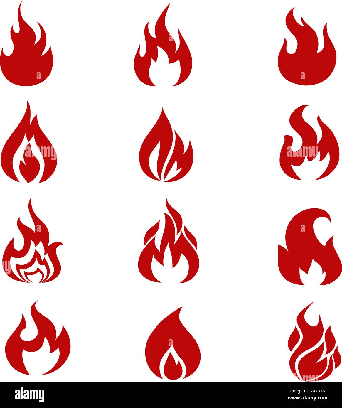 Rote Feuerflammen Symbole, Symbole Vektor gesetzt. Brandkraft-Tattoo und Heißflammfeuer für Marken- oder Logo-Illustration Stock Vektor