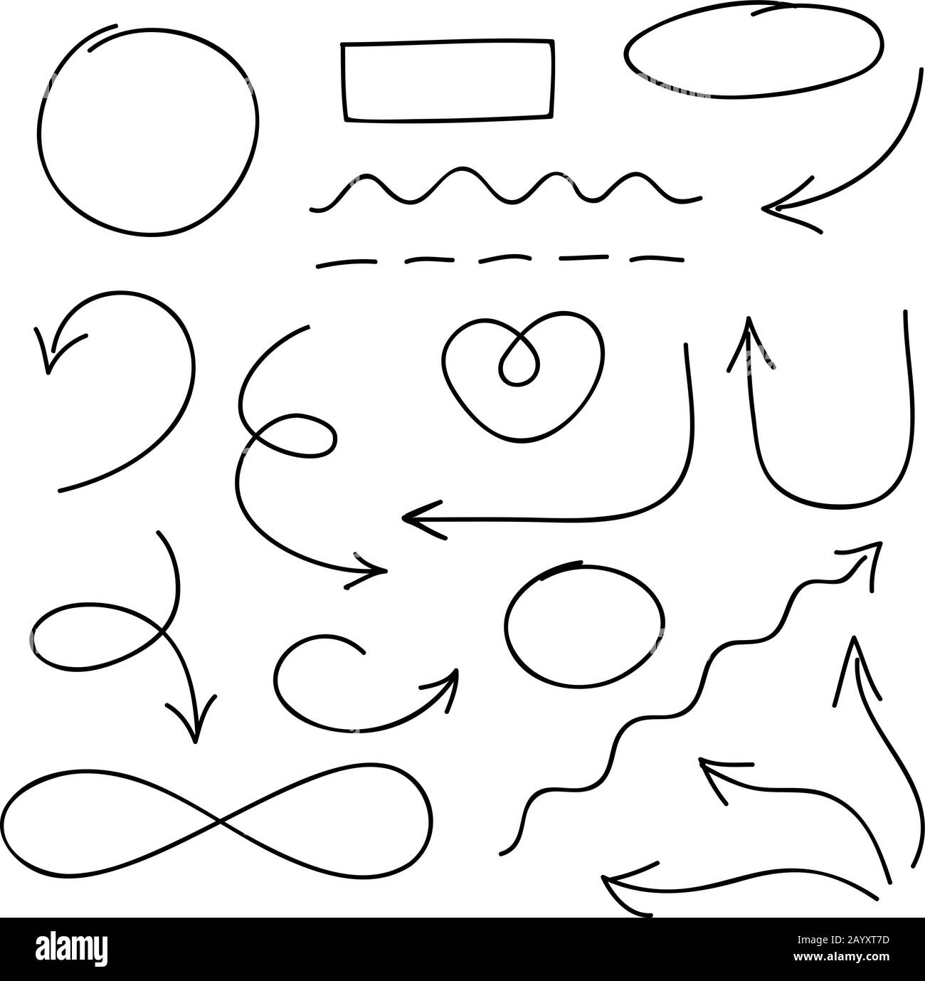 Vektorsatz für Pfeile, Kreise und Doodle-Symbole. Abbildung: Linienpfeilzeichen und Zeichenpfeile Stock Vektor