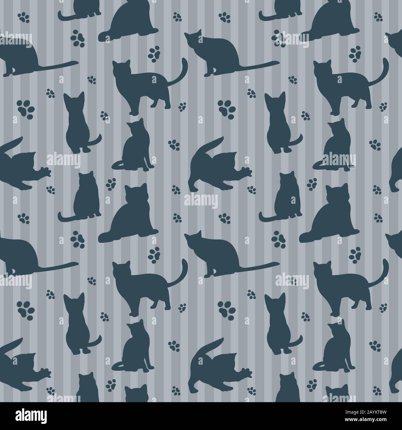 Niedliche Vektorkatzen Silhouetten nahtloses Muster. Hintergrund mit Katzen und Streifen, Illustration Silhouetten Katzen Stock Vektor