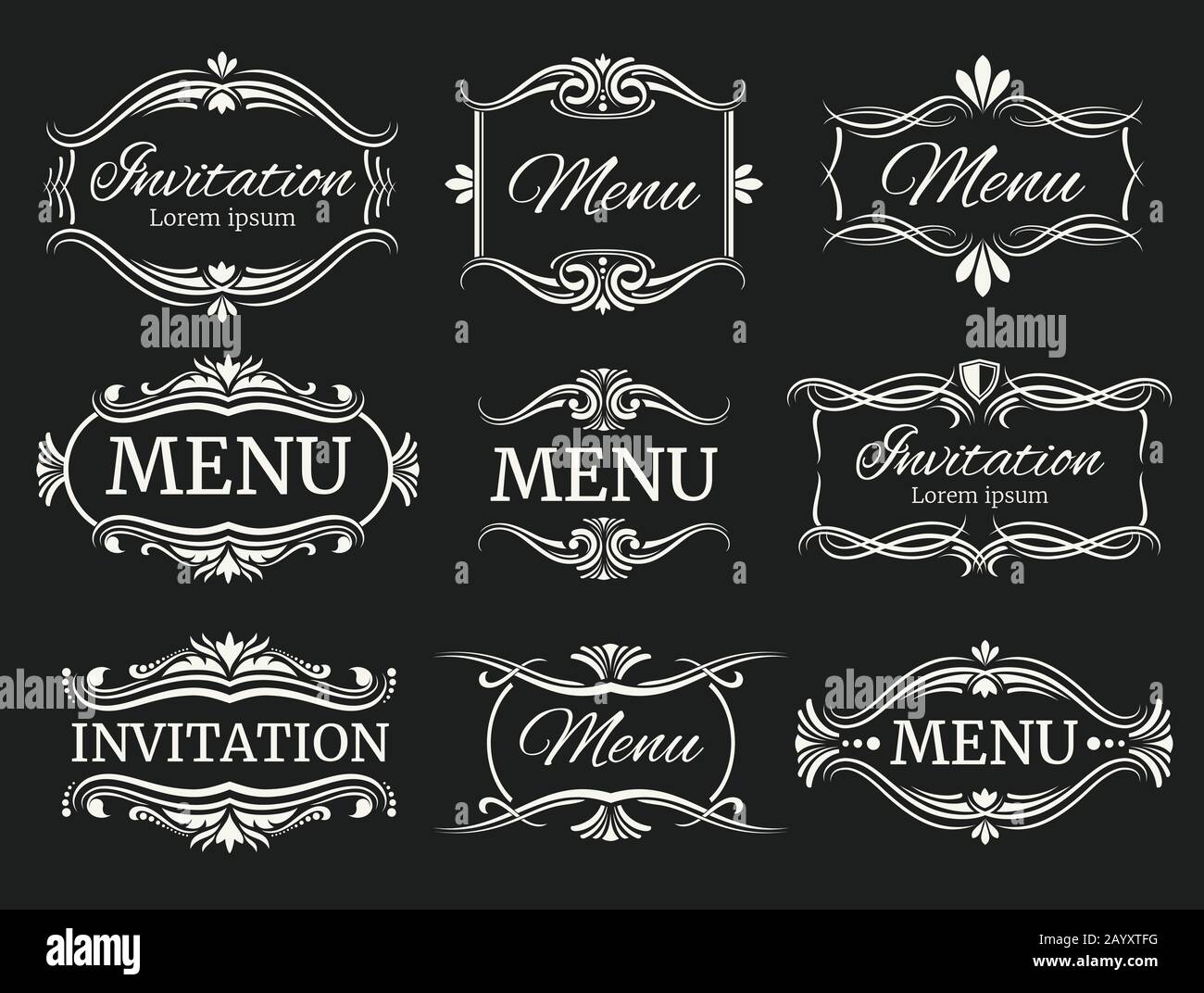 Kalligraphische dekorative Vektorrahmen für Menü- und Hochzeitseinladung. Kalligraphischer Rahmen für Hochzeit und Einladung, Illustration Element Vintage Menü Stock Vektor