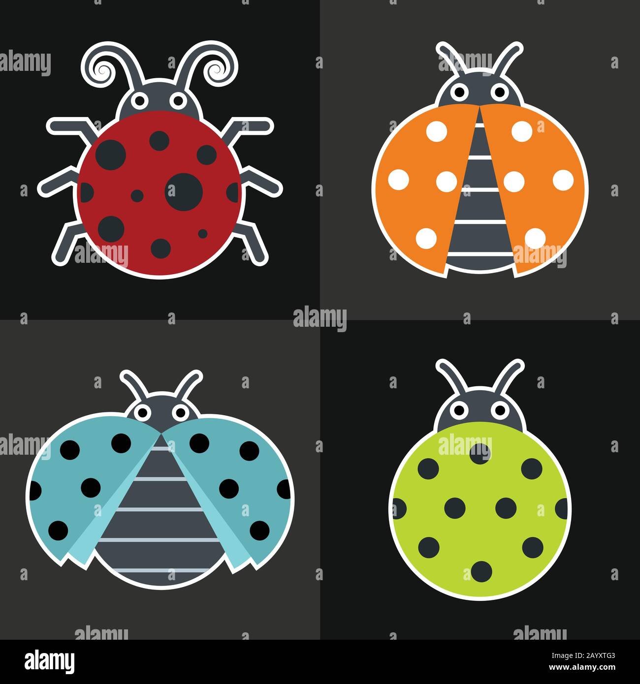 Ladybug-Symbole auf schwarzem Hintergrund. Ladybug mit Farbflügeln. Vektorgrafiken Stock Vektor