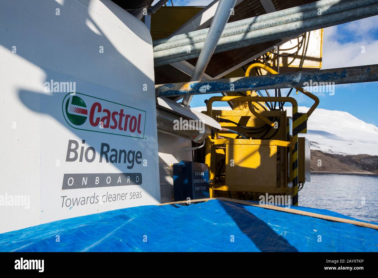 Ein Schild auf einem Kreuzfahrtschiff der Antarktisexpedition, das Bioöle zeigt, die an Bord verwendet werden. Stockfoto