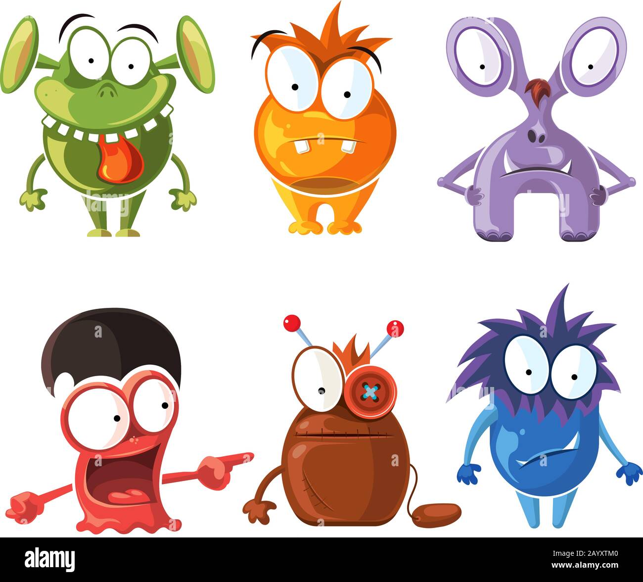 Cartoon cute Character Monsters Vektorset. Verrückte Monster mit lustiger Grimace, bizarre Monsterillustration Stock Vektor