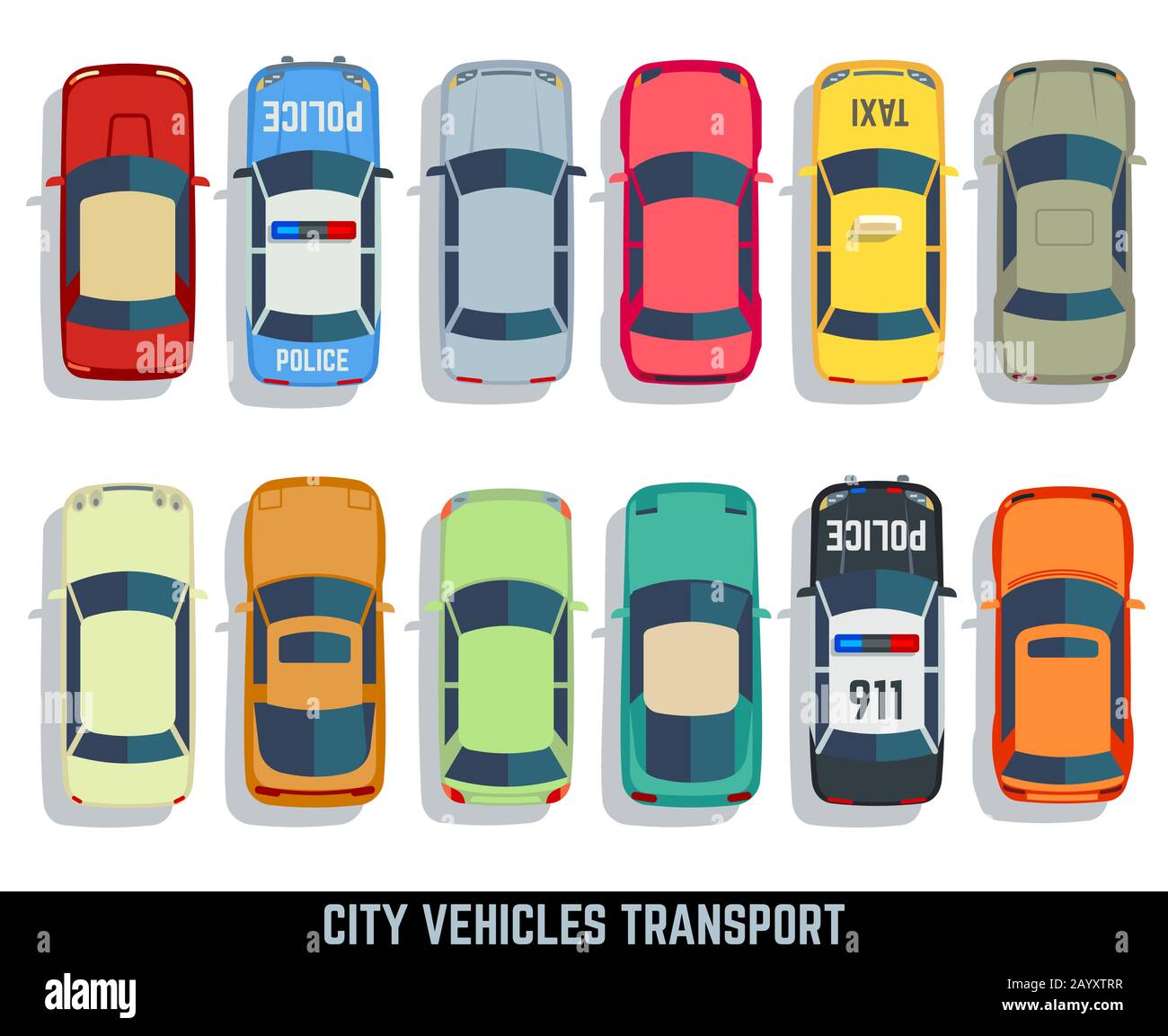 Autos Top view Vektor flachbild Stadt Fahrzeug transport Icons einstellen. Pkw für den Transport, auto Symbol Abbildung Stock Vektor
