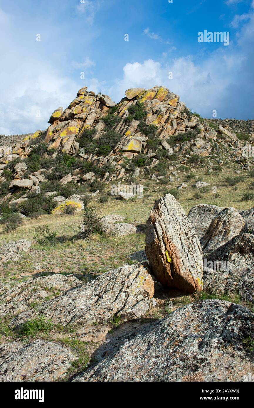 Landschaft mit Felsformationen im Hustai-Nationalpark, der Mongolia. Stockfoto