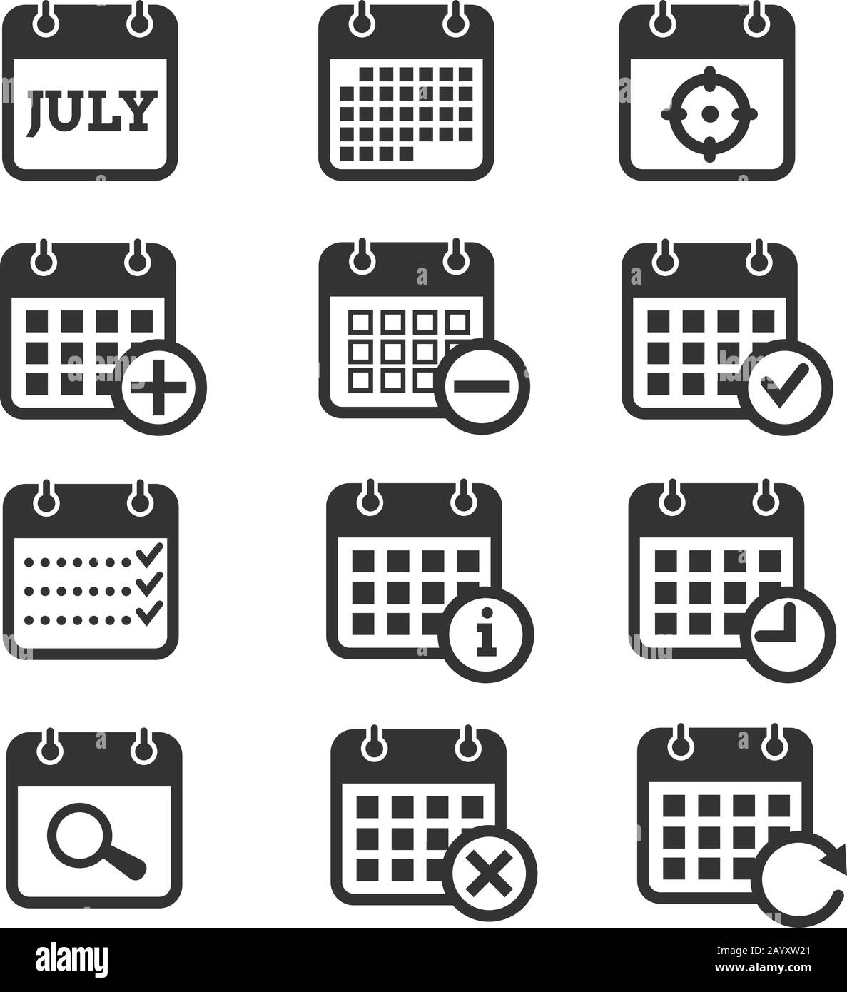 Symbole für Uhrzeit, Datum und Kalendervektor. Kalendersymbole für Veranstalter und Veranstaltung, Erinnerung und Tagesordnung Stock Vektor