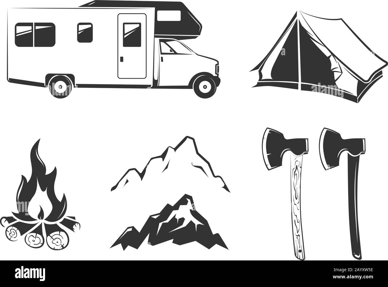 Vektorelemente für Sommercamp im Freien Vintage-Etiketten, Embleme, Logos, Abzeichen. Zelt für Berglager, Reise und Erholung in Außenlager Illustration Stock Vektor