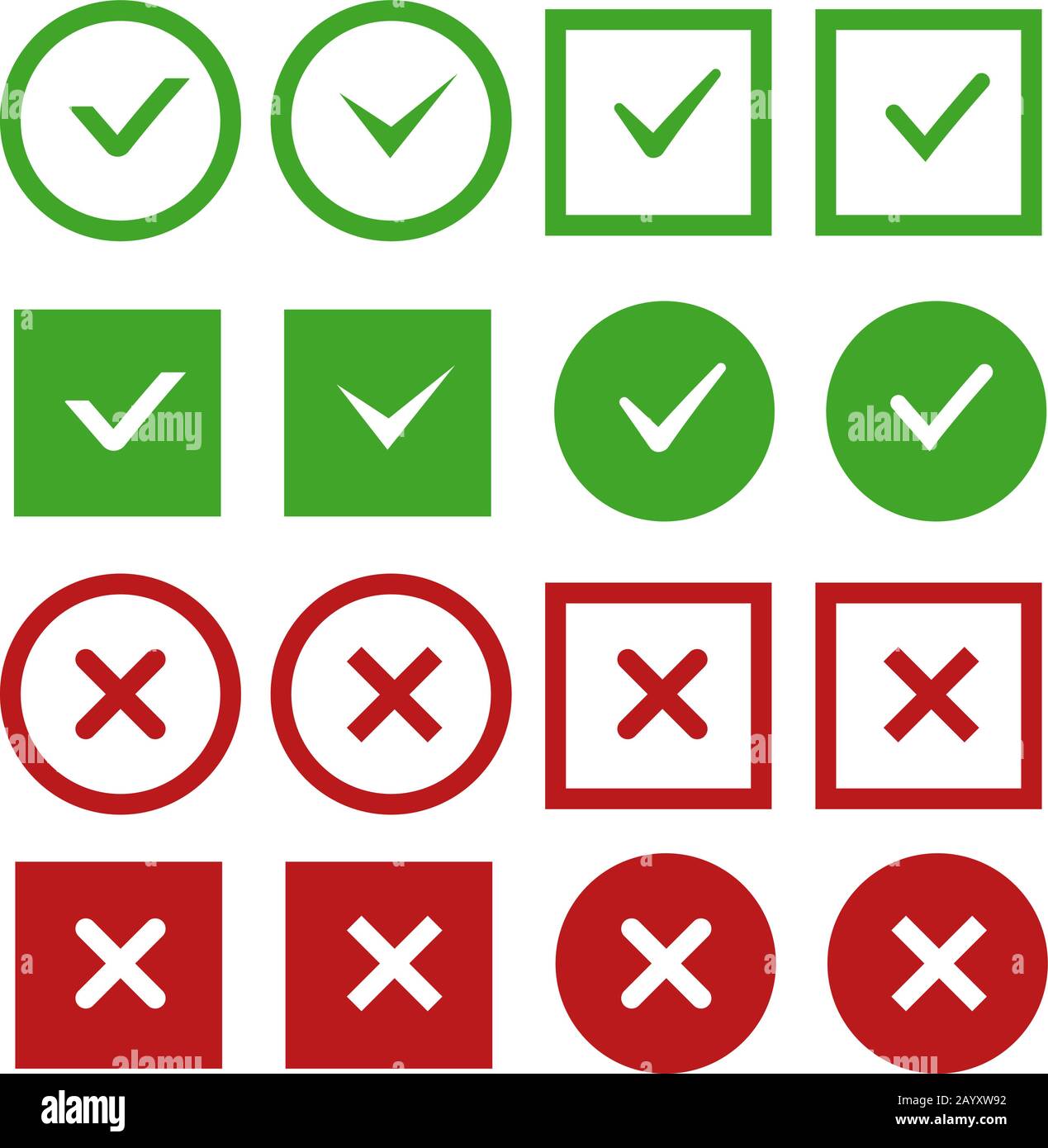 Grüne Häkchen und rote Kreuze Vektorschaltflächen oder Symbole. Mit Nein und Ja markieren. Prüfen Sie, ob das Häkchen korrekt und negativ ist. Vektorgrafiken Stock Vektor