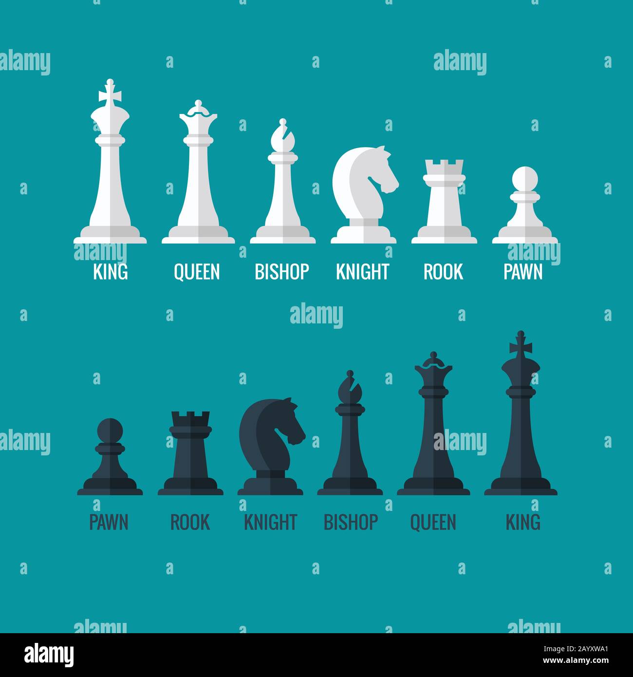 Schachfiguren König Königin Bischof Ritter Rook Pfand flache Vektor-Ikonen gesetzt. Schachfiguren schwarz-weiß. Mannschaft mit Schachfiguren Illustration Stock Vektor